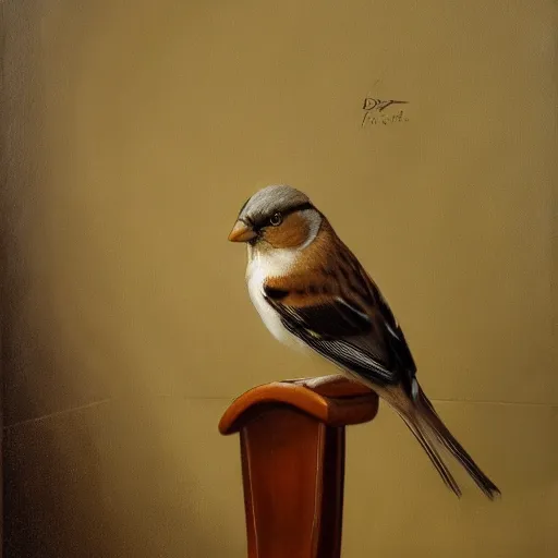 Image similar to an oil paiting of a sparrow perched on a chair, highly detailed, oleo, artstation, sharp focus, by diego velazquez