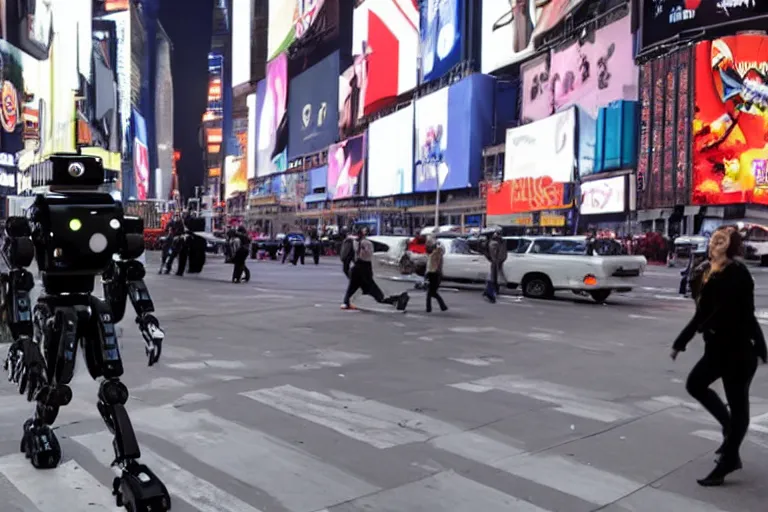 Image similar to robots attacking people in times square security camera footage