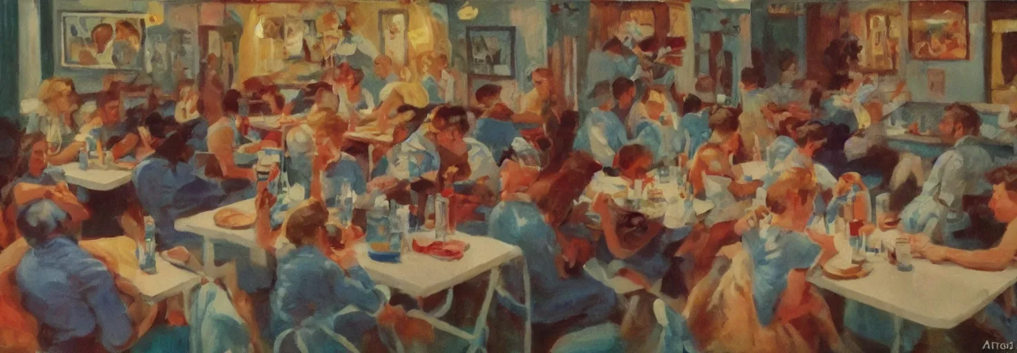 Image similar to baby frogs, drinking milkshakes, diner, 5 0 s painting, award winning art, andrew loomis