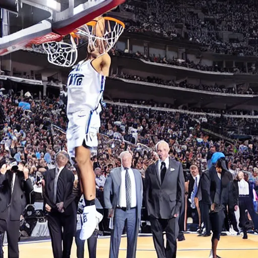 Image similar to photograph of joe biden dunking, highlights of the 2 0 1 9 nba slam dunking contest