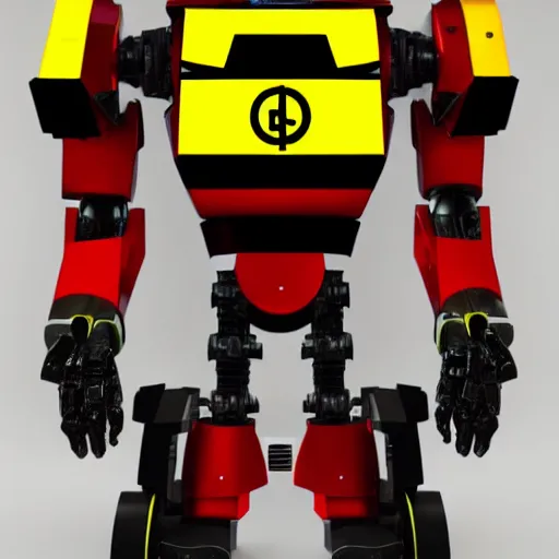 Prompt: large red, yellow and black robot with the omega symbol on its shoulder