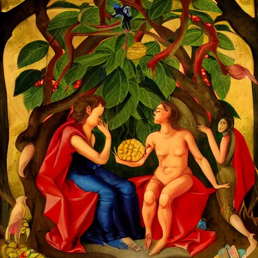 Prompt: stunning painting of eating the forbidden fruit from the tree of knowledge of good and evil by faust, trending on wikiart, highly detailed