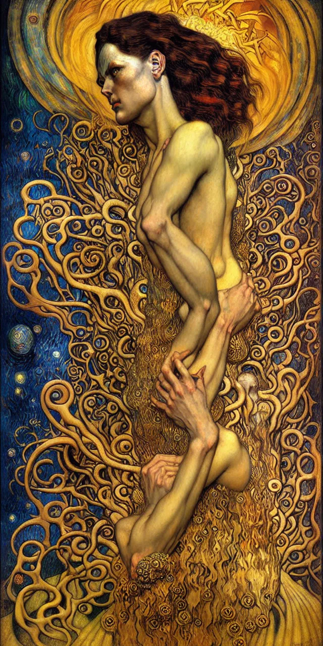 Image similar to Divine Chaos Engine by Karol Bak, Jean Delville, William Blake, Gustav Klimt, and Vincent Van Gogh, symbolist, visionary