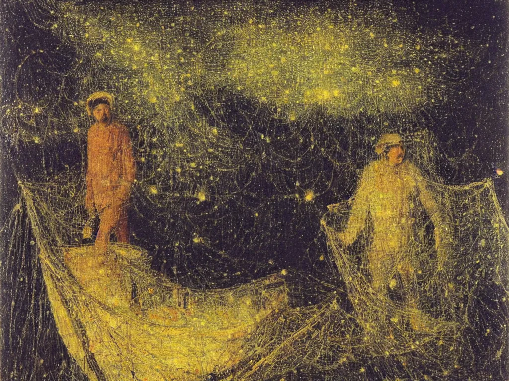 Image similar to painting by mikalojus konstantinas ciurlionis. portrait of fisherman with net at night with fireflies