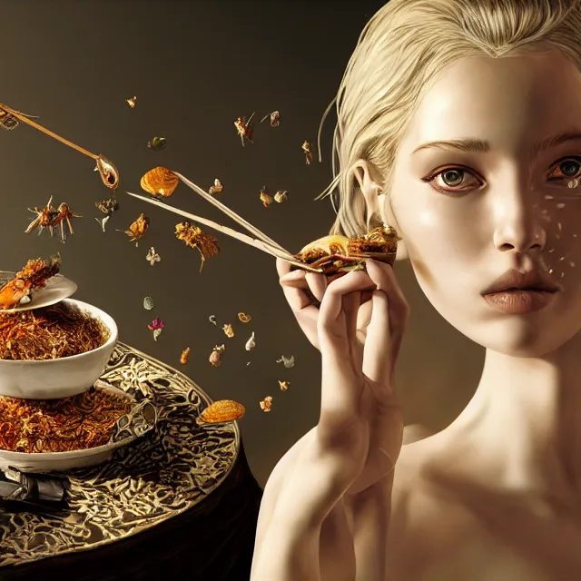 Image similar to studio portrait of blonde women eating insects at claridges, ultrafine hyperrealistic detailed face illustration by kim jung gi, irakli nadar, intricate linework, sharp focus, bright colors, matte, octopath traveler, final fantasy, unreal engine highly rendered, global illumination, radiant light, intricate environment