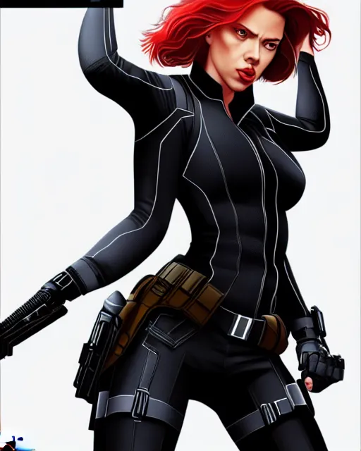 Image similar to Scarlett Johansson Black Widow, full body action pose, highly detailed, digital painting, artstation, concept art, smooth, sharp focus, illustration