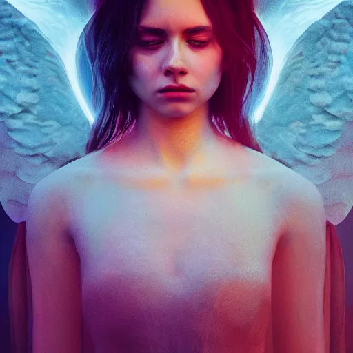 Image similar to portrait art of female angel by alessio albi 8 k ultra realistic, angel wings, lens flare, atmosphere, glow, detailed, intricate, full of colour, cinematic lighting, trending on artstation, 4 k, hyperrealistic, focused, extreme details, unreal engine 5, cinematic, masterpiece