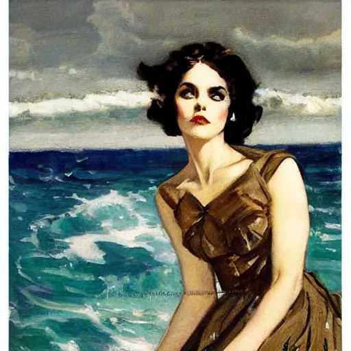 Image similar to woman in black dress, sea behind, pretty face, part dean cornwell style, part leyendecker style,