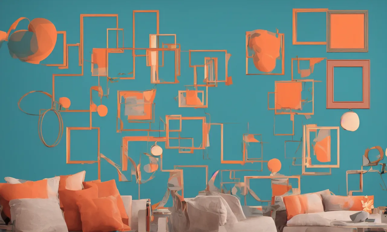 Prompt: painting frames on a room wall, geometric arrangements, evening ambiance, beautiful volumetric lighting, smooth, soft teal and orange colors, photorealism