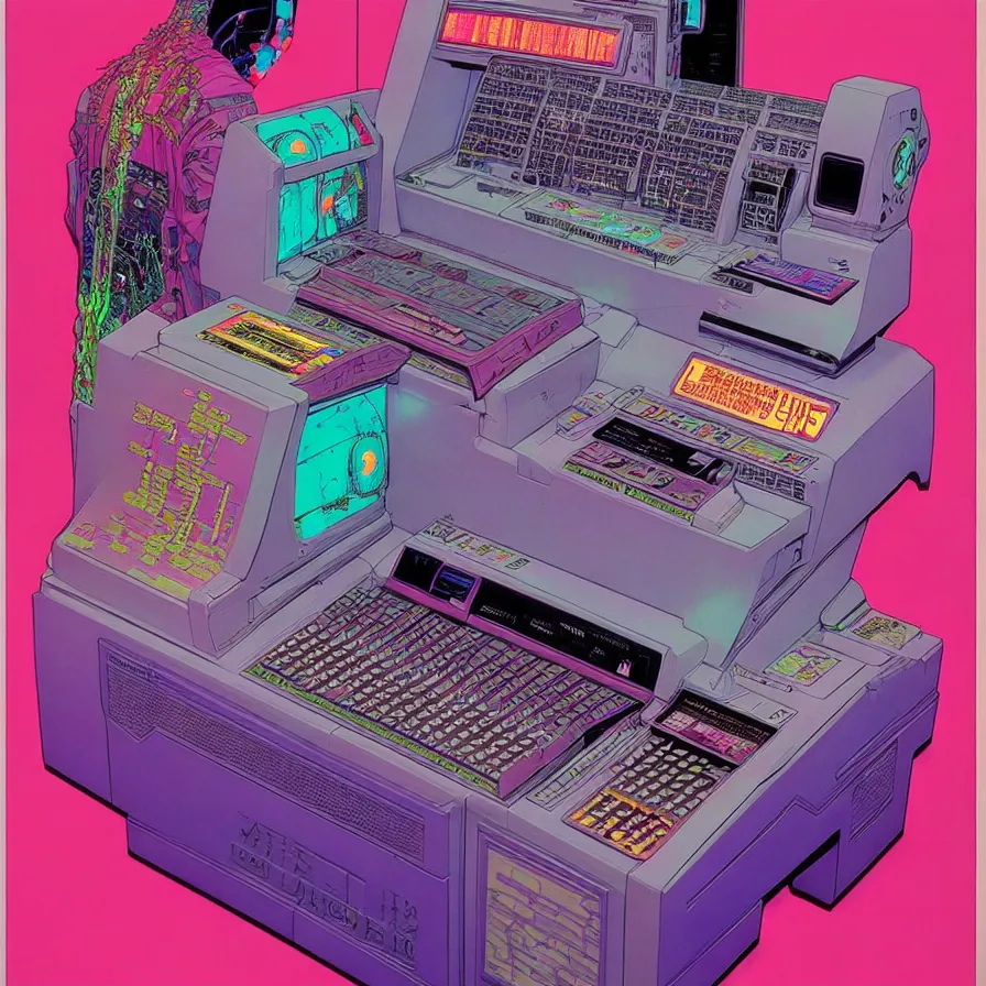 Image similar to ( ( ( ( cyberpunk cash register ) ) ) ) by mœbius!!!!!!!!!!!!!!!!!!!!!!!!!!!, overdetailed art, colorful, artistic record jacket design