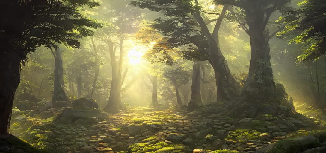 Image similar to concept art by sylvain sarrailh of an abandonned asian temple, inside a asiatic forest, a stone path, sunshafts