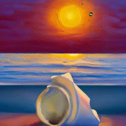 Prompt: an oil painting of a giant styrofoam cup overflowing with grape juice on the beach, beautiful sunset, surrealism