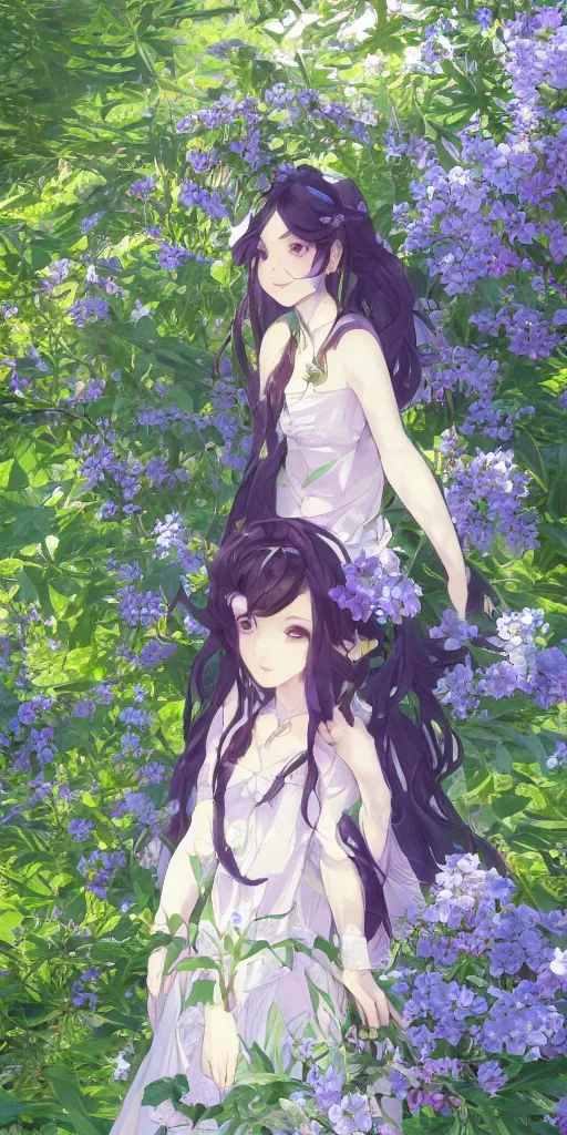 Image similar to a digital art of a loli with long hair in a dress in the privet garden at after noon, green and warm theme, mediumslateblue flowers, low angle, back lighting, by krenz cushart and mucha and akihito yoshida and greg rutkowski, highly detailed, 4 k resolution, trending on art station