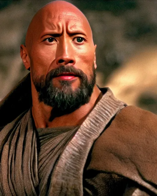 Image similar to Film still close-up shot of Dwayne Johnson as Obi-Wan Kenobi from the movie Return of the Jedi. Photographic, photography