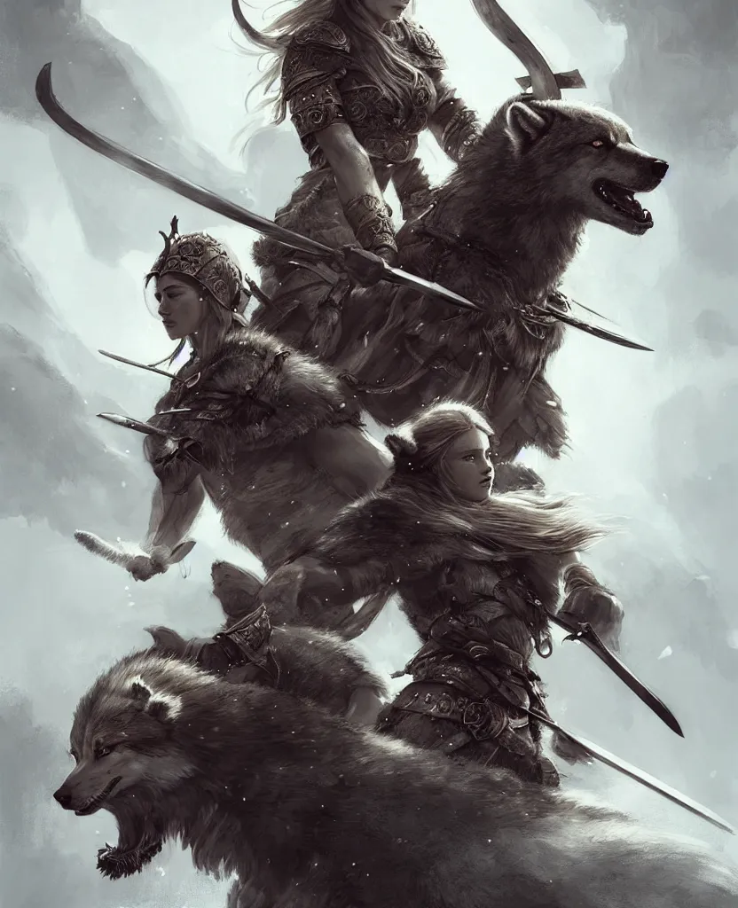 Image similar to a gorgeous!! woman resembling alicia vikander as a viking warrior accompanied by a dire wolf on the battlefield surrounded by the fallen | drawn by wlop, drawn by jeehyung lee, drawn by argerm | intricate, highly detailed, ultra graphics, digital painting, artstation