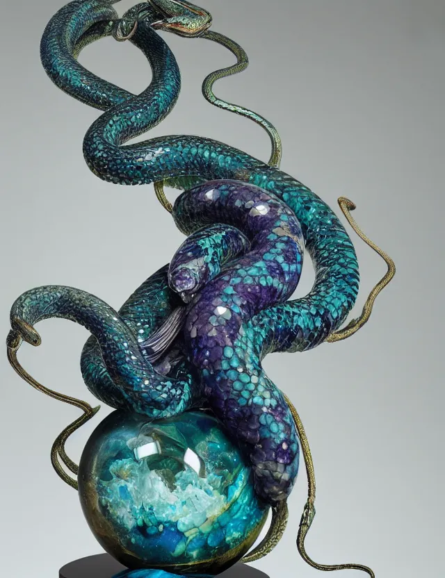 Image similar to a photo of a sculpture of a snake made from blue and emerald and amethyst crystal geode formations encircling a marble egg on a base of obsidian made with liquid gold tendrils flowing by ellen jewett by stanisław szukalski, octane render, recursive, tendrils, elestial crystals, geode, refracted light