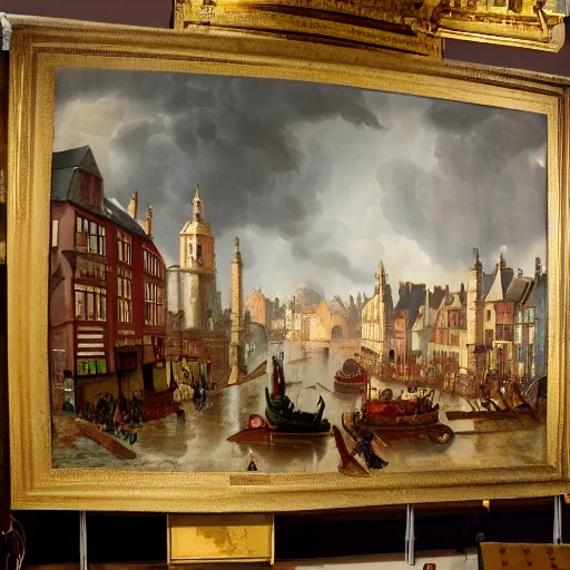 Prompt: Raining Outside inside house + A Beautiful painting of European town The year is 1680 Highly detailed, epic composition, Dramatic lighting, Epic Wide angle, a futuristic city made black Iron stone, the style Wes Anderson sci-fi movie, 4k, high hyper realistic