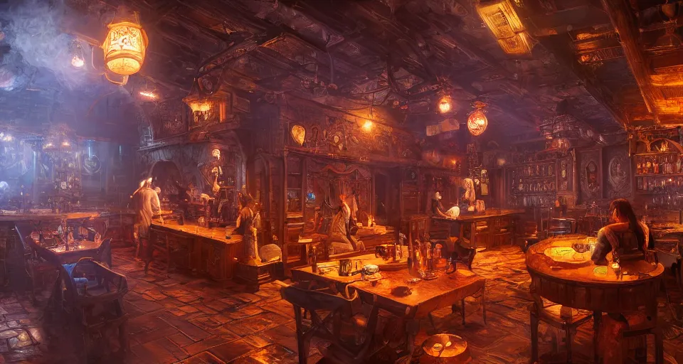 Prompt: alchemy tavern, hyperdetailed, artstation, cgsociety, golden hour 8 k, volumetric lighting
