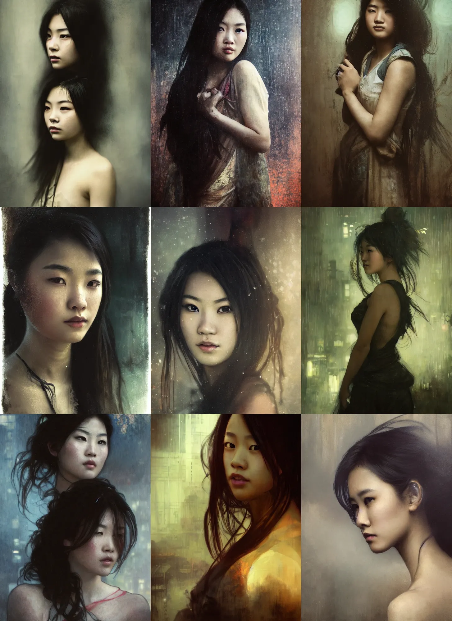 Prompt: head and shoulders portrait of a beautiful young asian woman in abandoned industrial city at night, dark moody lighting, by jeremy mann and alphonse mucha, dramatic lighting, ethereal, stunning, breathtaking, awe - inspiring award - winning, 8 k