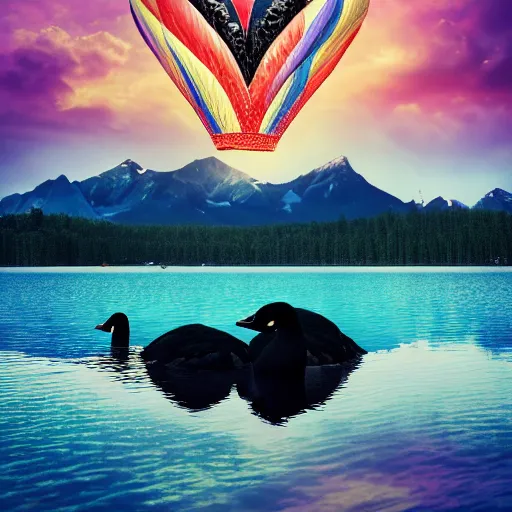 Image similar to photo of two black swans swimming in a beautiful reflective mountain lake, touching heads, forming a heart with their necks, a colorful hot air balloon is flying above the swans, hot air balloon, intricate, portrait, 8k highly professionally detailed, HDR, CGsociety, octane render, 4k