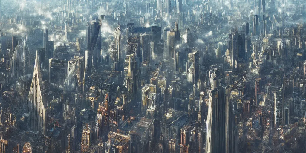 Prompt: a high detail photograph of manhattan after being destroyed by an alien race, building, avenue, urban architecture, americana architecture, concrete architecture, paved roads, by thomas kinkade trending on artstation, photorealistic, wild vegetation, utopian, futuristic, blade runner