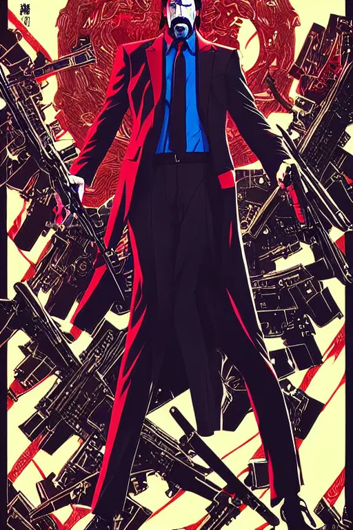 Prompt: poster of john wick, in anime style, by yoichi hatakenaka, masamune shirow, josan gonzales and dan mumford, ayami kojima, takato yamamoto, barclay shaw, karol bak, yukito kishiro