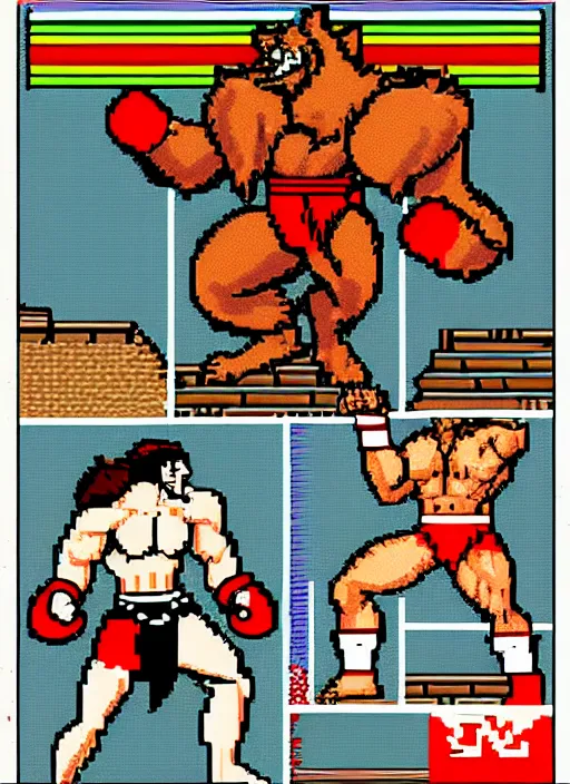 Image similar to extreme long shot. 8 bit nes graphics. antropomorphic muscular masculine wolf. kickboxer fighter, in shorts. wolf head. furr on body. like game contra.