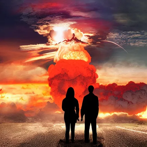 Prompt: a young couple watching a nuclear explosion, romantic, uplifting, happy, apocalytic detailed digital matte painting