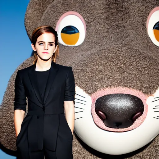 Prompt: emma watson standing in front of a giant mouse, portrait photography