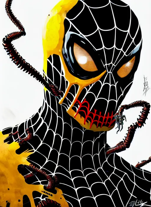 Image similar to highly detailed closeup portrait of a cyborg venom symbiote in spiderman suit with skeleton skull face, black hoodie by atey ghailan, by greg rutkowski, by greg tocchini, by james gilleard, by joe fenton, by kaethe butcher, gradient, yellow, black, brown and white color scheme, grunge aesthetic!!! white graffiti tag wall background