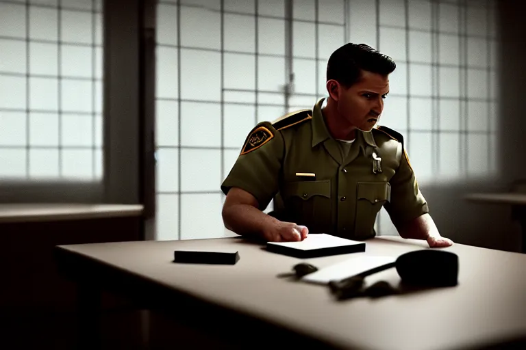 Prompt: a cinematic painting of a male prison guard, sat at a desk, ultra realistic, dramatic, soft light, dreamy, facial features, detailed, deep focus, movie still, beautiful lighting, ray tracing, by annie leibovitz