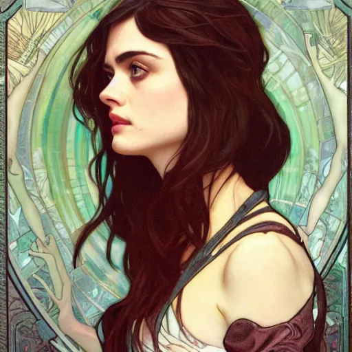 Image similar to a combination of Alexandra Daddario, Maisie Williams, Krysten Ritter, Anne Hathaway and Natalia Dwyer Christina Ricci and Lily Collins by Alphonse Mucha, Magali Villeneuve and Livia Prima, trending on artstation, long hair, dark eyes