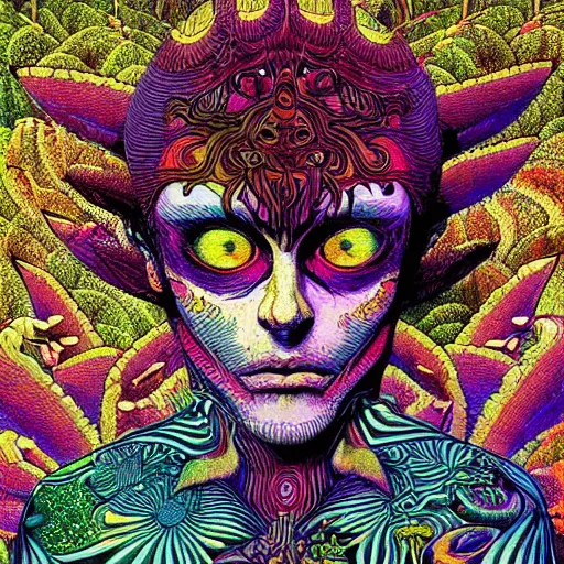 Image similar to A beautiful composition of a psychedelic glowing spirit animal psychonaut floating above a hedge maze, DMT, rich details full of texture, realistic eyes, artwork by Satoshi Kon and Yoshitaka Amano and Moebius