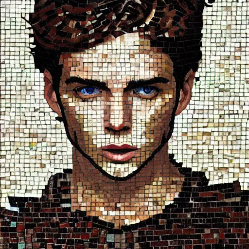 Image similar to artistic portrait of young male with dark hair, mosaic, extremely detailed, trending on Artstation