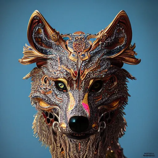 Image similar to A photo-real delicate sculpture of an ornate detailed wolf in front of a intricate background by AJ Fosik, micro detail, backlit lighting, octane renderer, colorful, physically based rendering, tribal art, trending on cgsociety