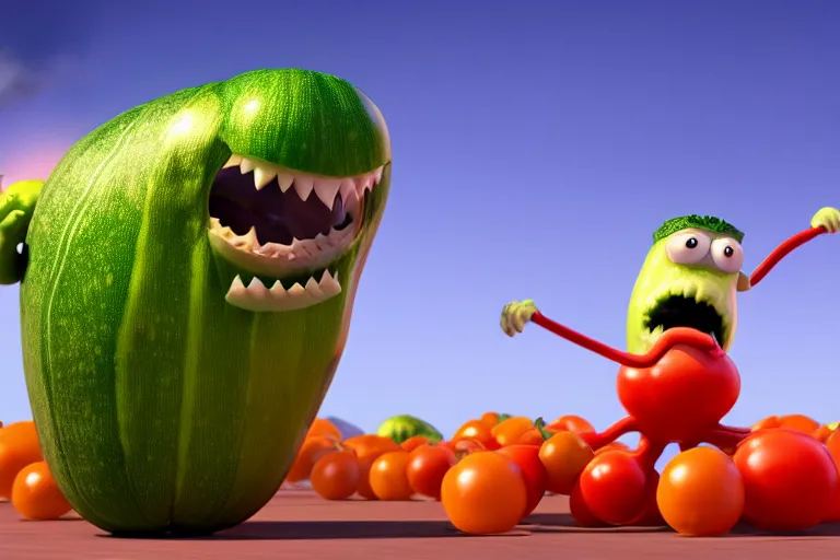 Image similar to detailed 3 d render of a mad zucchini character with arms and legs and a long sword chasing after a tomato character, hyper realistic octane render, cinematic lighting, wide angle, nightmare, adult pixar surrealism