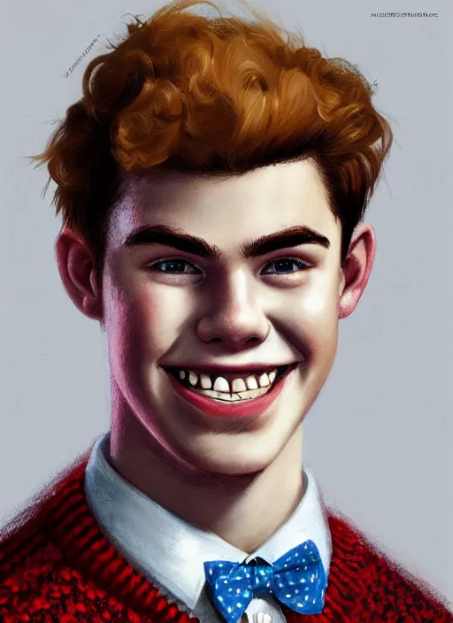 Image similar to portrait of teenage archie andrews, freckles, curly middle part haircut, curly hair, middle part hairstyle, smiling kindly, wearing a bowtie and sweater vest, intricate, elegant, glowing lights, highly detailed, digital painting, artstation, concept art, smooth, sharp focus, illustration, art by wlop, mars ravelo and greg rutkowski