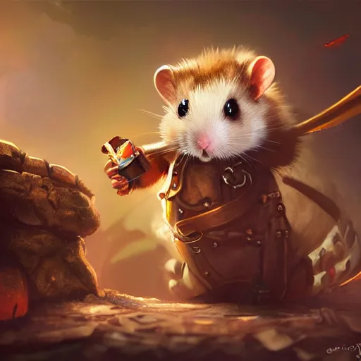 Image similar to oil painting of anthropomorphized hamster looking at shiny ruby, steampunk clothes, close shot, full body, dark steampunk mine shaft background, sharp focus, fantasy style, octane render, volumetric lighting, 8k high definition, by greg rutkowski, highly detailed, trending on art Station, dungeons and dragons artwork, centered