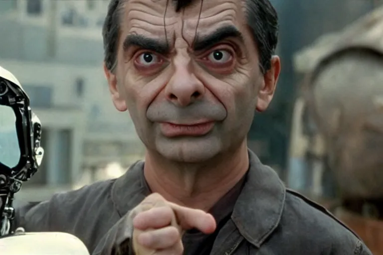 Prompt: VFX movie where Mr. Bean plays the Terminator by James Cameron