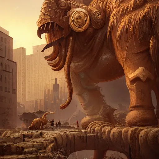 Image similar to golden mammoth in a ruined city, stylized, artstation, hd, cgsociety, cgi, realistic, dramatic, cinematic, artistic, trending, detailed