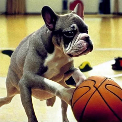 Prompt: a scene from airbud the movie, a white and brown french bulldog slam dunks a basketball