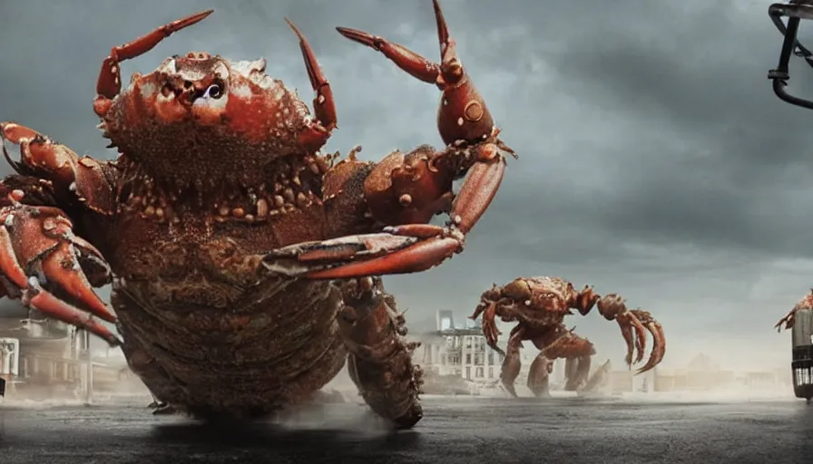 Prompt: big budget horror movie about giant mutant crabs fighting tanks in a city