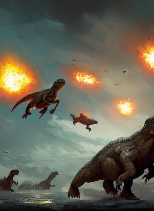 Image similar to dinosaurs fleeing from the incoming fiery asteroid by greg rutkowski