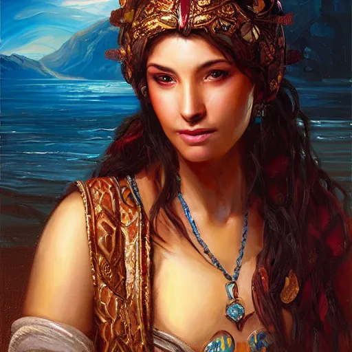 Image similar to portrait of a greek woman ( 3 5 ) from greece in 2 0 2 1, an oil painting by ross tran and thomas kincade