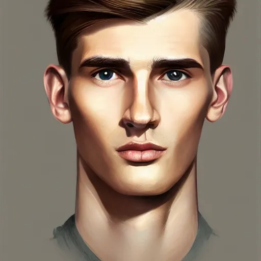 Image similar to tall man in his twenties with brown blond short quiff hair and thin slightly round facial structure with cleft chin, straight eyebrows and prominent nose, good definition of cheekbones, big hazel nut brown eyes, narrow face, slim body, atmospheric lighting, painted, intricate, 4 k, highly detailed by charlie bowater