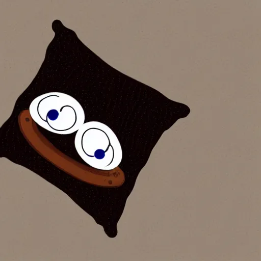 Prompt: a pillow with button eyes holding a cup of coffee