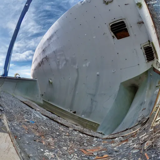 Prompt: dry dock concrete clamshell grill garbage can on an abandoned shiny angular motorboat hull, junked fisheye lens