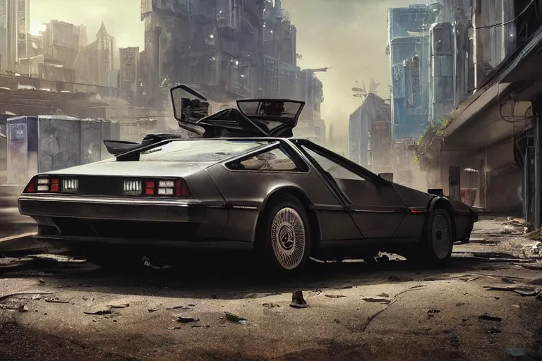 Image similar to highly detailed photorealistic rendering of a delorean parked on the streets of a cyberpunk abandoned city, driver side gullwing door is open, futuristic post - apocalyptic vibe, by greg rutkowski and stanley artgerm and alphonse mucha, octane, sharp focus, hyperrealistic, unreal engine 5, vray, masterpiece