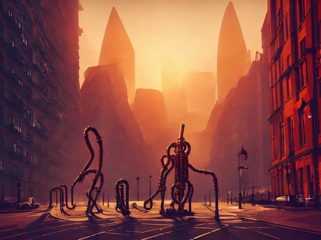 Image similar to a giant ancient beautiful cyborg of the elder gods with pipes and tubes in the city of London, London streets in background, colourful, dramatic lighting, golden hour, very detailed octane render very realistic beautiful