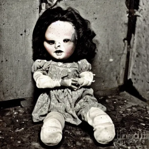 Image similar to creepy dirty cracked vintage doll in darkly lit dusty basement cobwebs photo by william mortensen